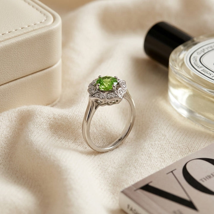 Peridot & Diamond Flower Ring in 14K White Gold - flat lay
