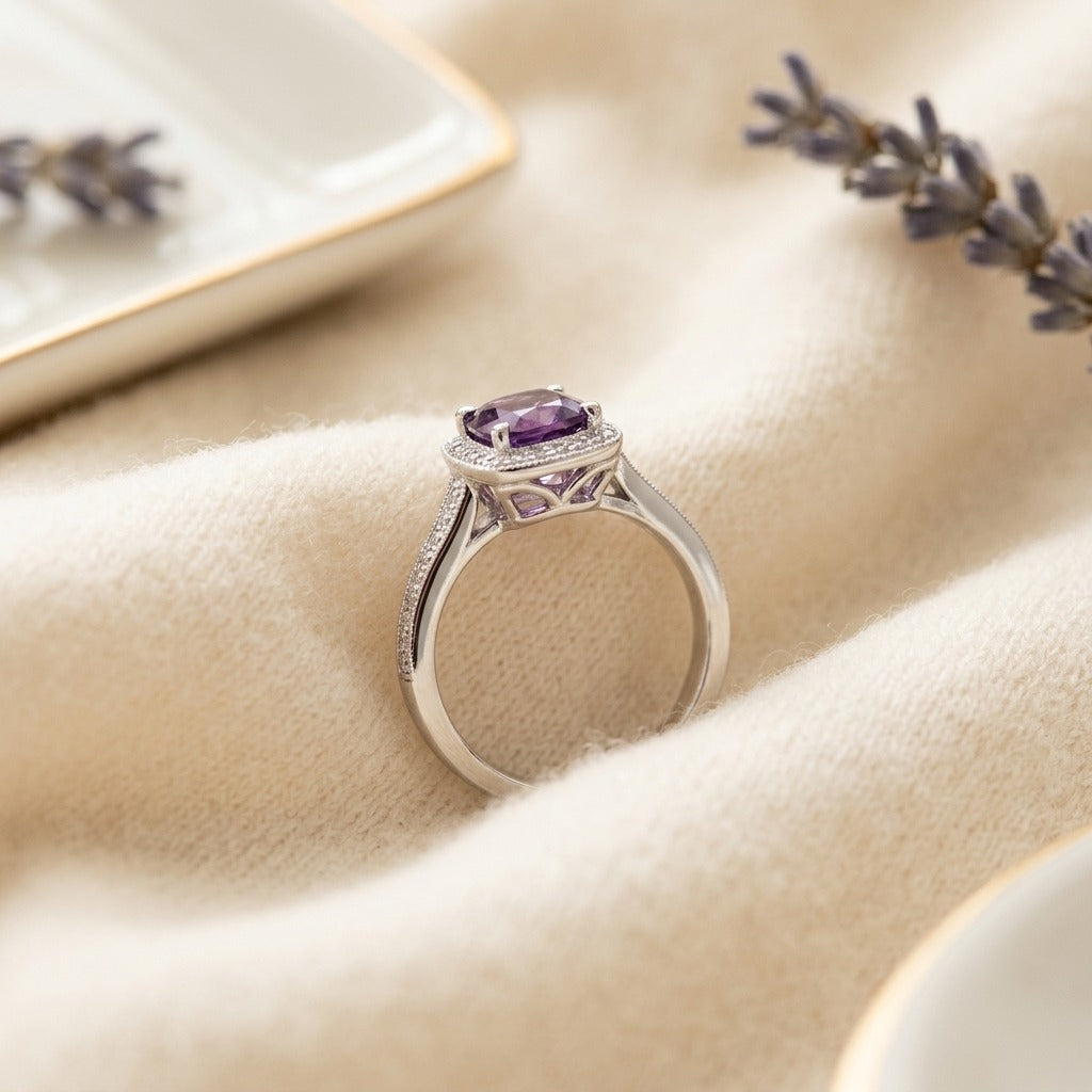 Amethyst & Diamond Halo Ring 0.20ctw in 14K White Gold - flat lay