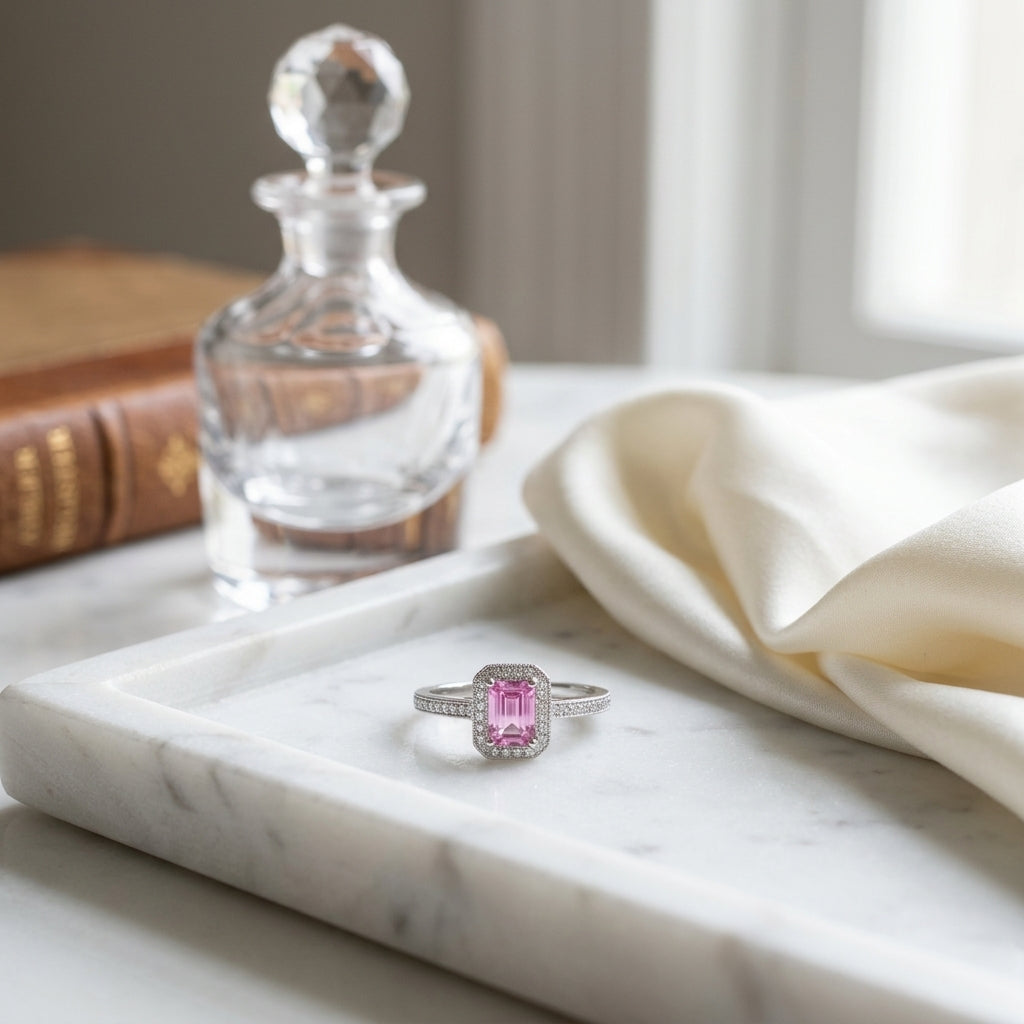 Pink Sapphire & Diamond Halo Ring in 14K White Gold - lifestyle