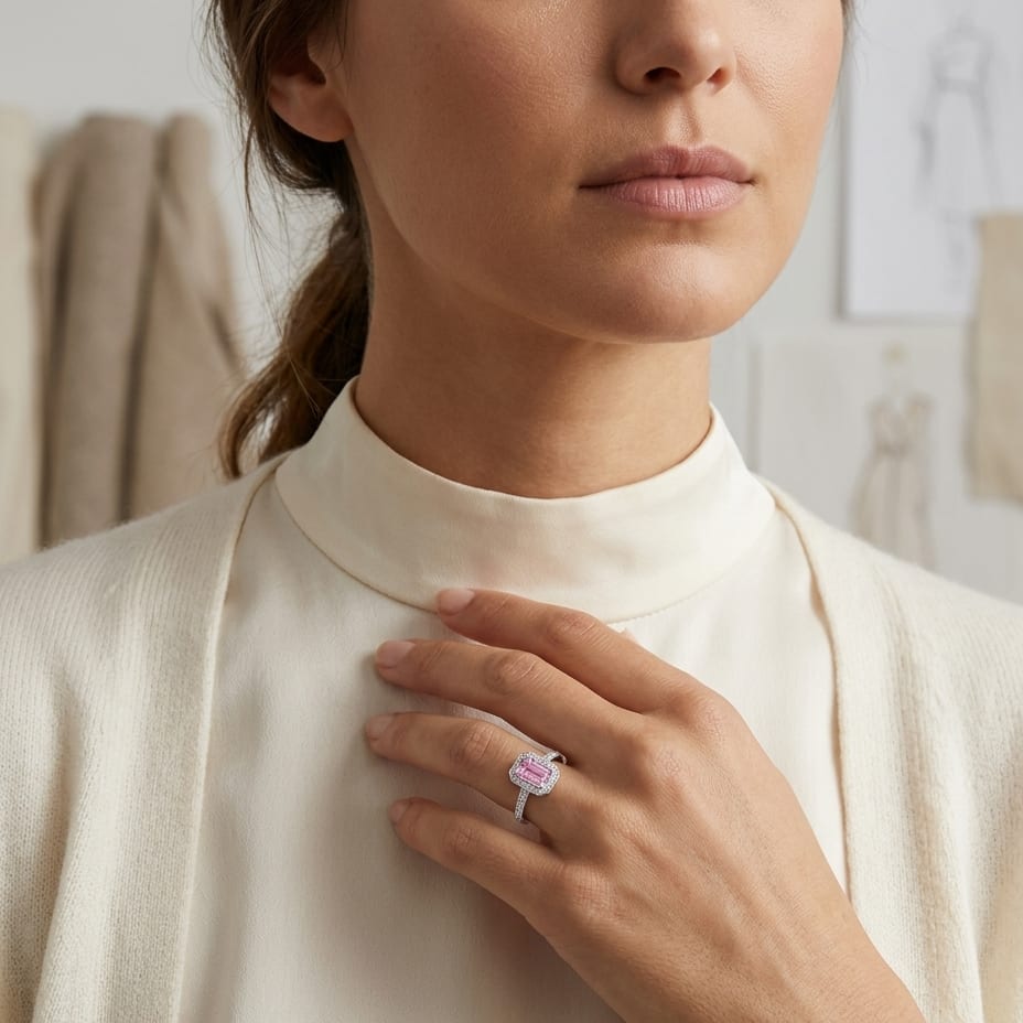 Pink Sapphire & Diamond Halo Ring in 14K White Gold - editorial