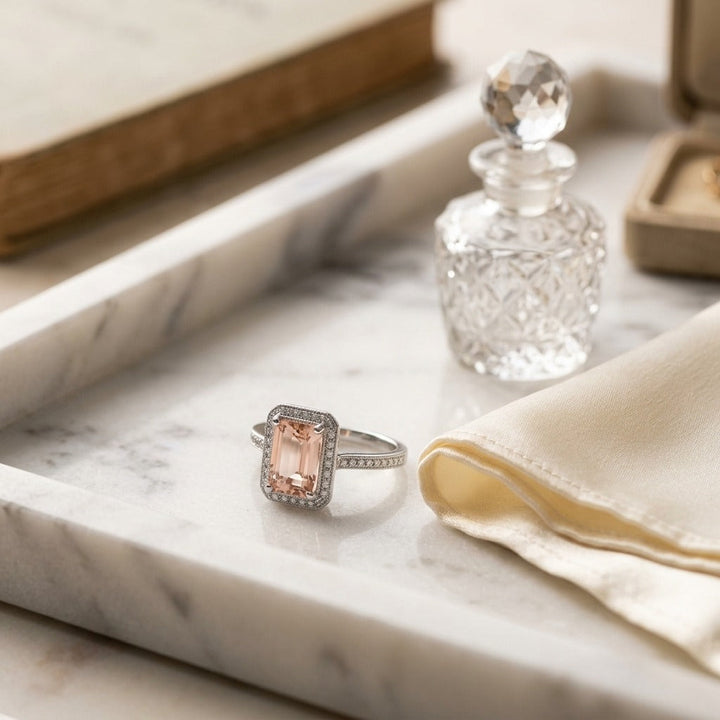 Emerald Cut Morganite & Diamond Halo Ring in 14K White Gold - lifestyle
