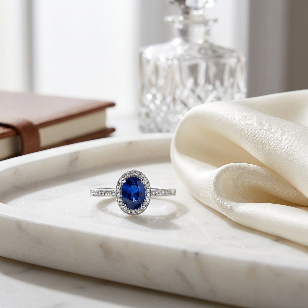 Sapphire Oval & Diamond Ring in 14K White Gold - lifestyle
