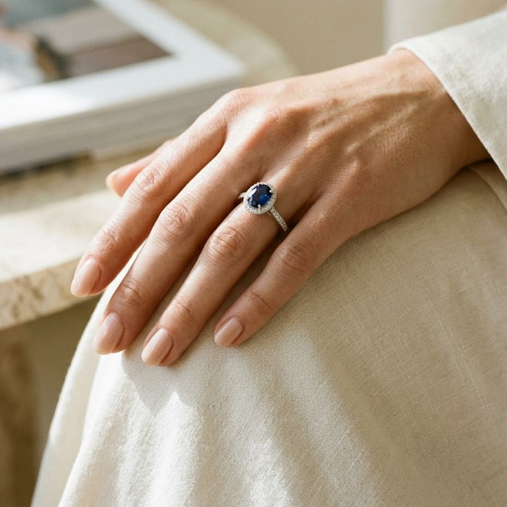 Iolite & Diamond Oval Halo Ring in 14K White Gold - lifestyle