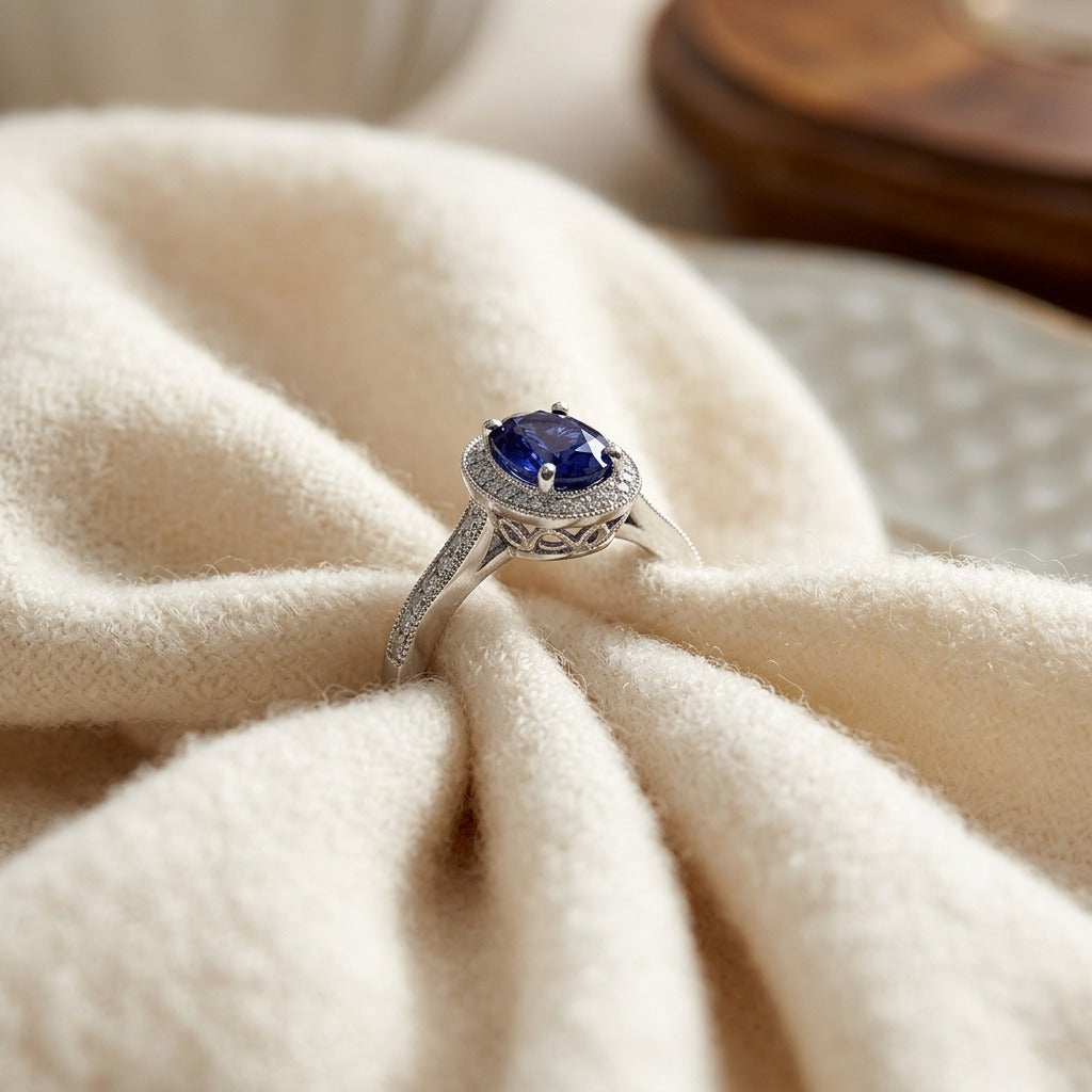 Iolite & Diamond Oval Halo Ring in 14K White Gold - flat lay