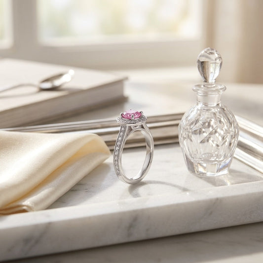 Pink Sapphire & Diamond Halo Ring in 14K White Gold - editorial