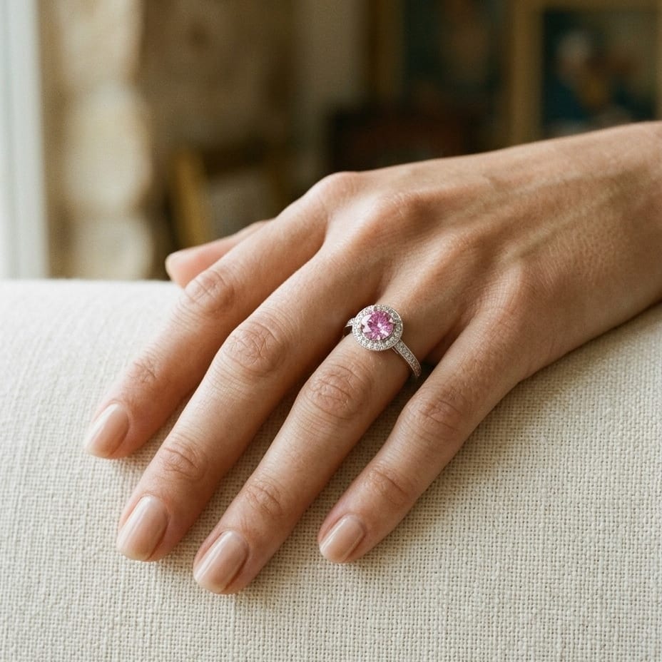 Pink Sapphire & Diamond Halo Ring in 14K White Gold - lifestyle