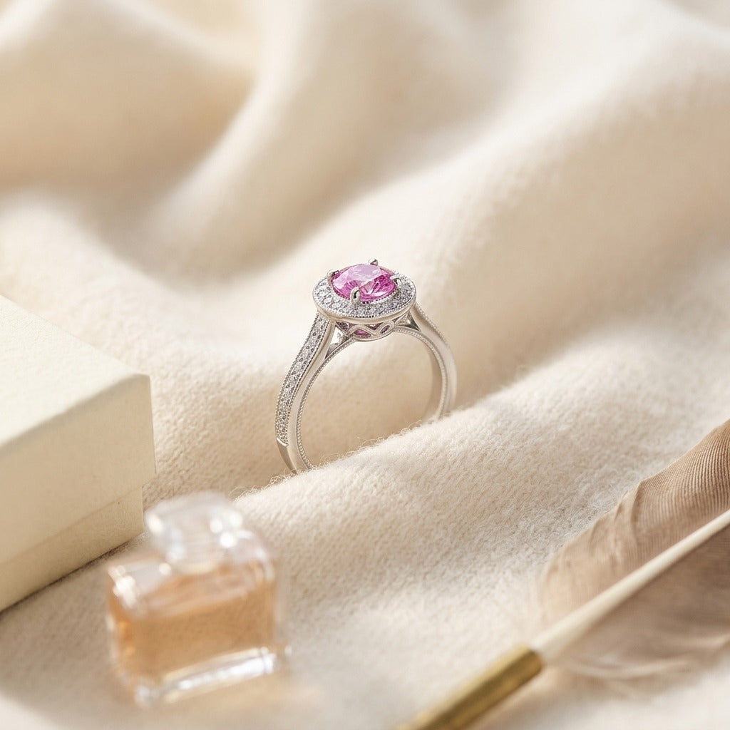 Pink Sapphire & Diamond Halo Ring in 14K White Gold - flat lay