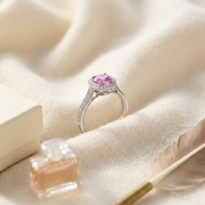 Pink Sapphire & Diamond Halo Ring in 14K White Gold - flat lay