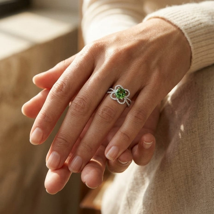 Green Tourmaline & Diamond Flower Basket Ring with Rounded Split Shank in 14K White Gold - lifestyle