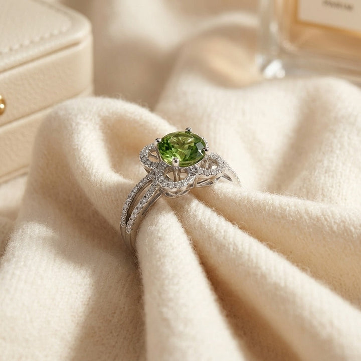 Green Tourmaline & Diamond Flower Basket Ring with Rounded Split Shank in 14K White Gold - flat lay