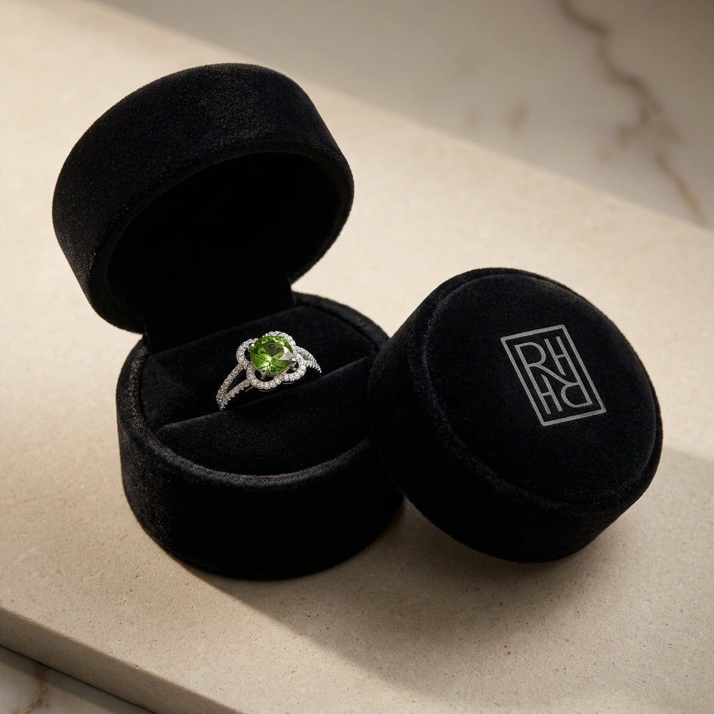 Green Tourmaline & Diamond Flower Basket Ring with Rounded Split Shank in 14K White Gold - presentation