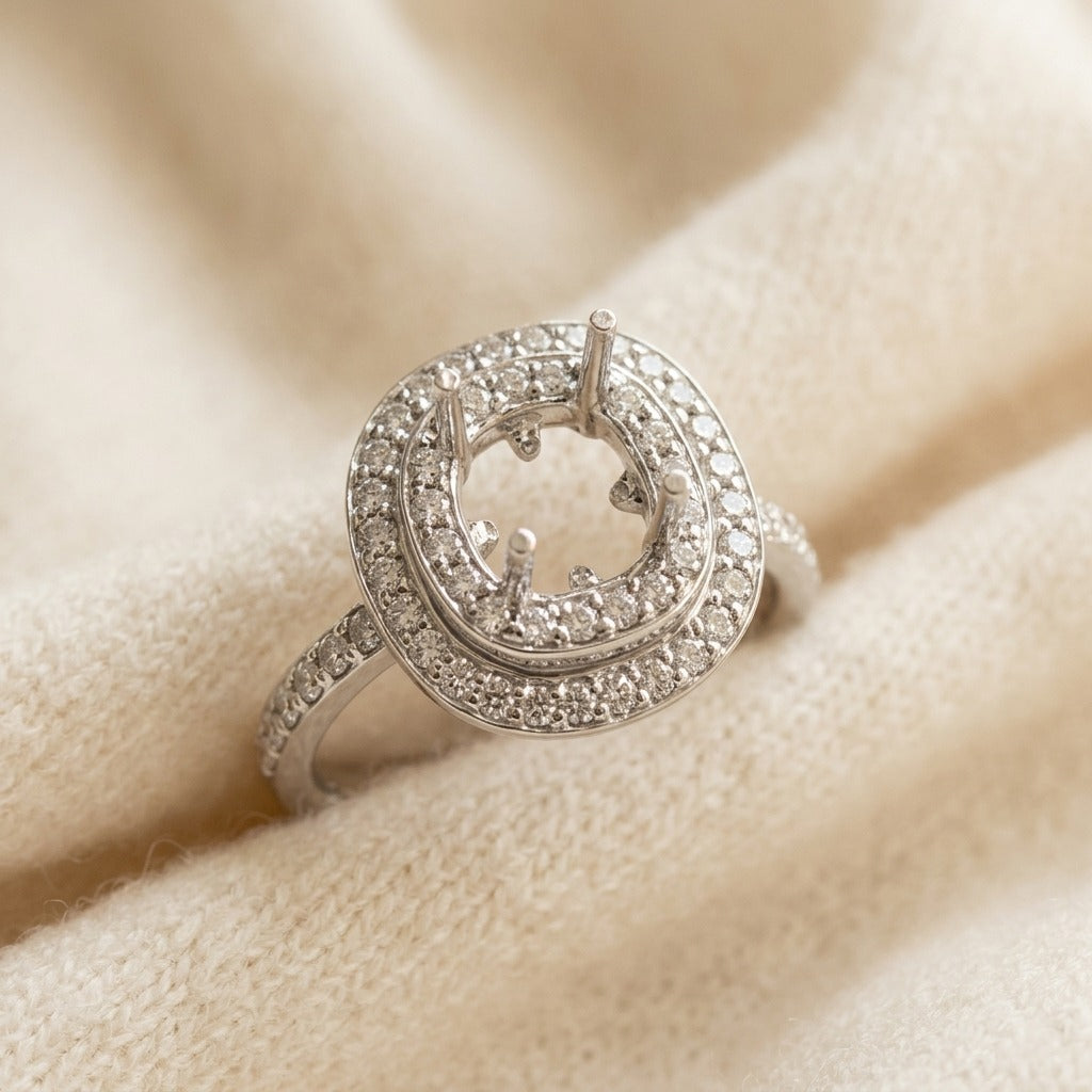 Peridot & Diamond Double Halo Ring in 14K White Gold - flat lay