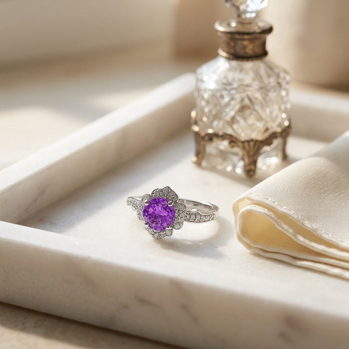 Pink Sapphire & Diamond Floral Halo Ring in 14K White Gold - lifestyle