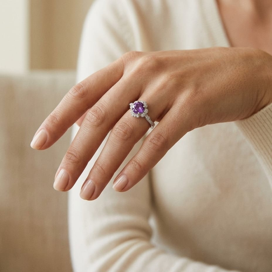 Pink Sapphire & Diamond Floral Halo Ring in 14K White Gold - editorial