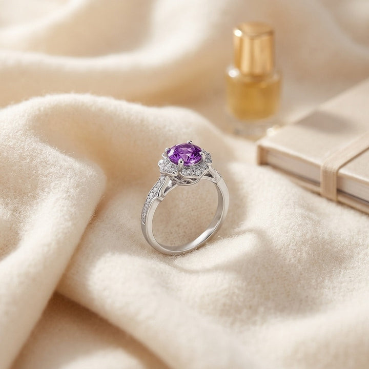 Pink Sapphire & Diamond Floral Halo Ring in 14K White Gold - flat lay