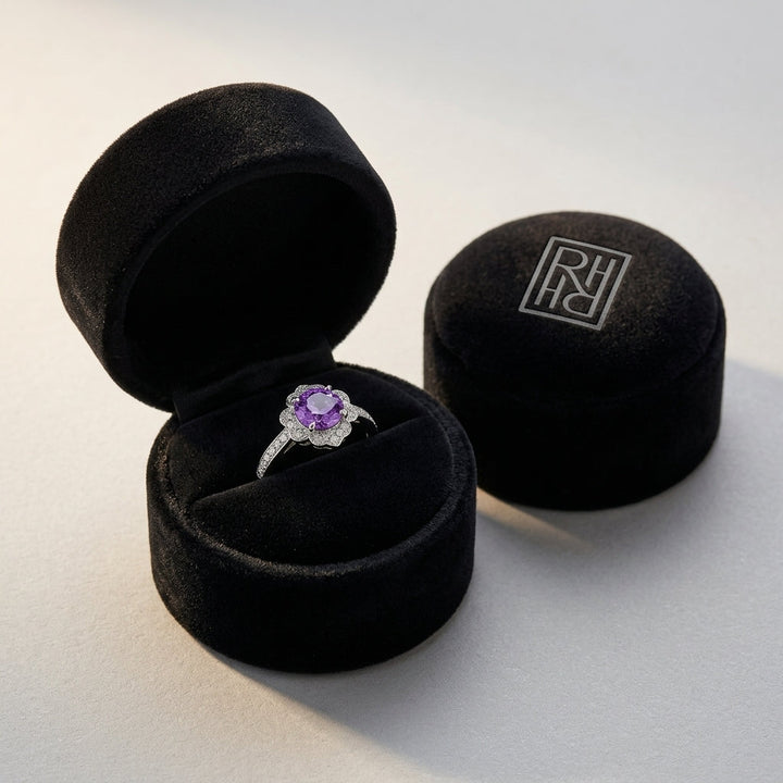 Pink Sapphire & Diamond Floral Halo Ring in 14K White Gold - presentation
