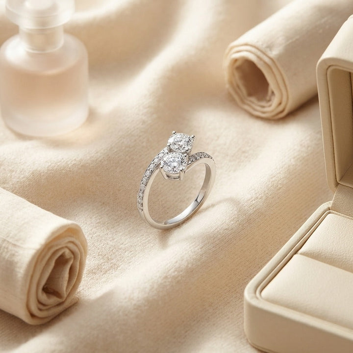 2 Stone Diamond Bypass Ring in 14K White Gold - flat lay