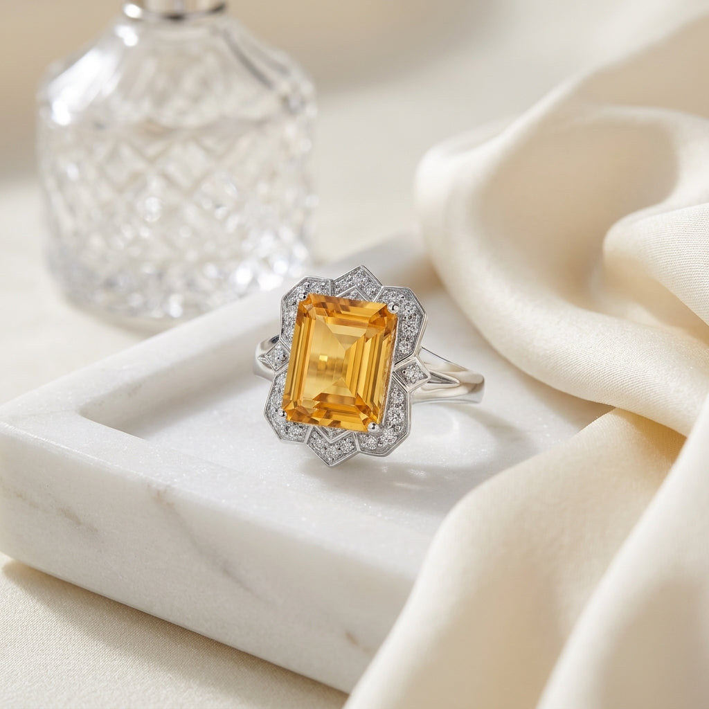 Citrine Emerald Cut & Diamond Ring in 14K White Gold - lifestyle