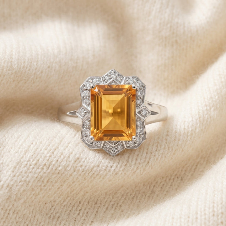 Citrine Emerald Cut & Diamond Ring in 14K White Gold - flat lay
