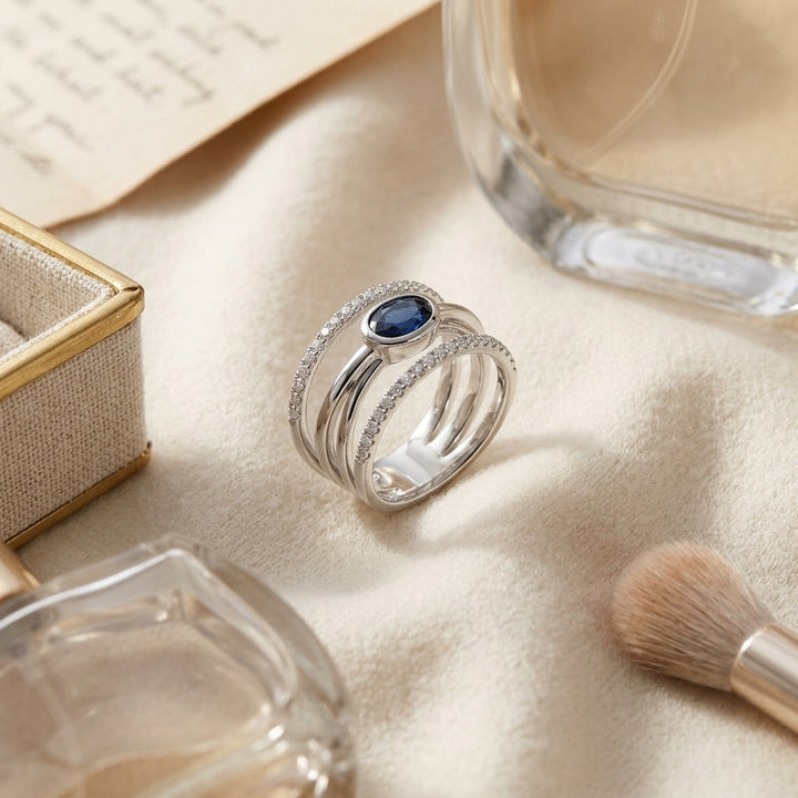 Sapphire & Diamond Open Work Ring in 14K White Gold - flat lay