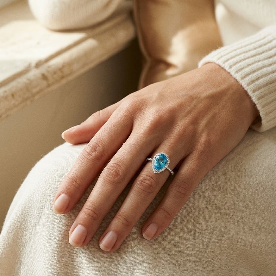 Blue Topaz & Diamond Pear Shape Halo Ring in 14K White Gold - lifestyle