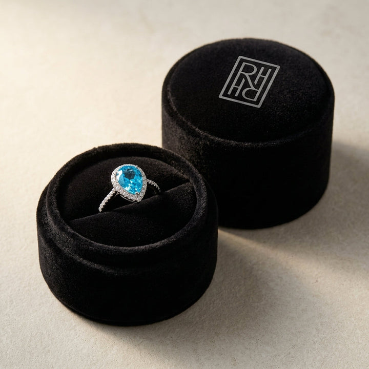 Blue Topaz & Diamond Pear Shape Halo Ring in 14K White Gold - presentation
