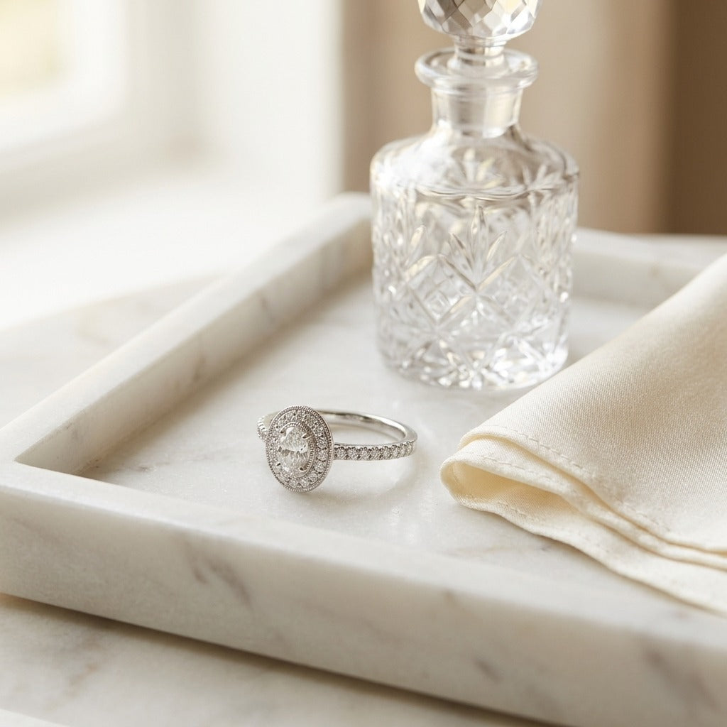 Diamond Oval Halo Slim Shank Ring in 14K White Gold - editorial