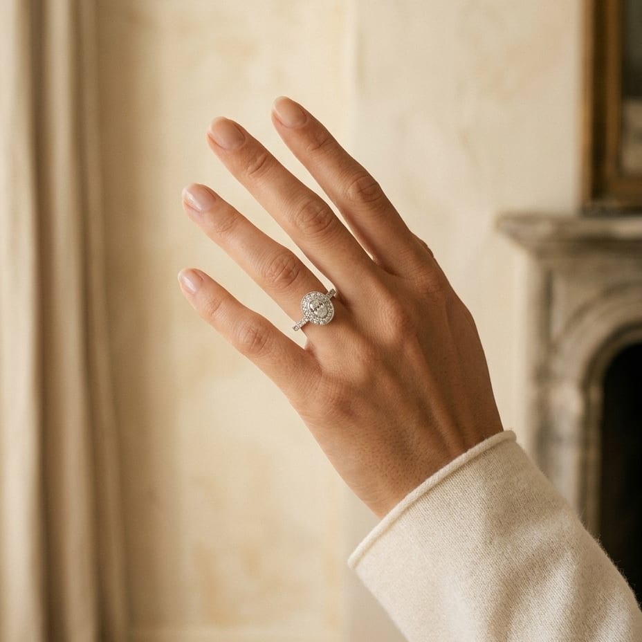 Diamond Oval Halo Slim Shank Ring in 14K White Gold - lifestyle