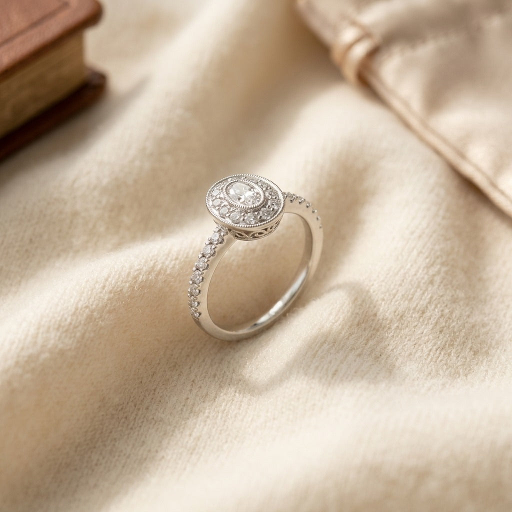 Diamond Oval Halo Slim Shank Ring in 14K White Gold - flat lay