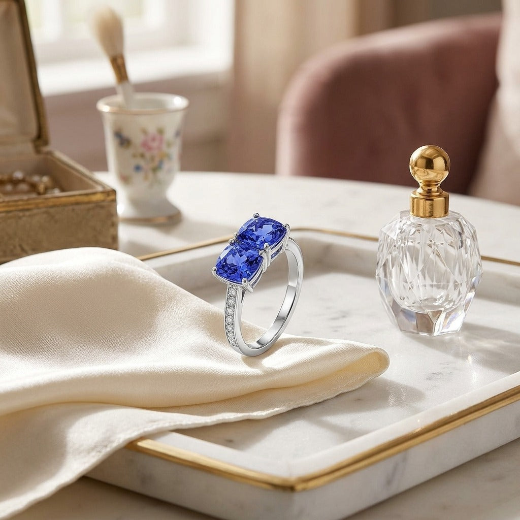 Tanzanite Double Stone & Diamond Pave Shank Ring in 14K White Gold - lifestyle