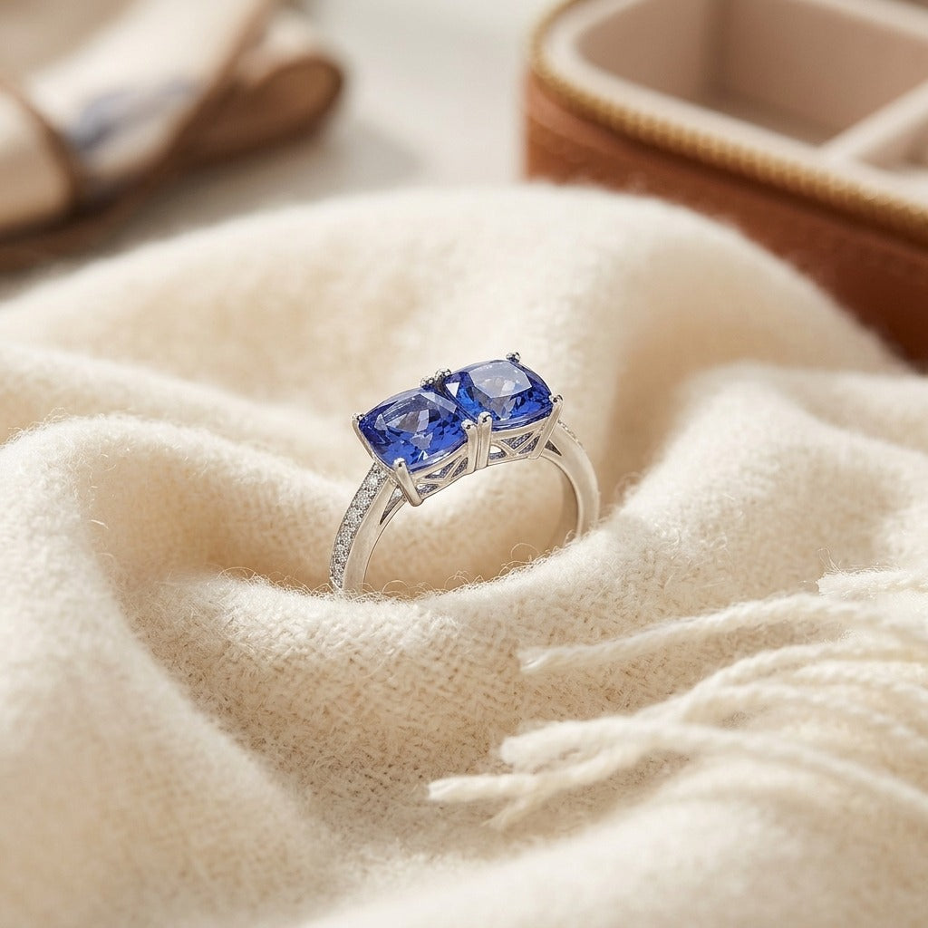 Tanzanite Double Stone & Diamond Pave Shank Ring in 14K White Gold - flat lay