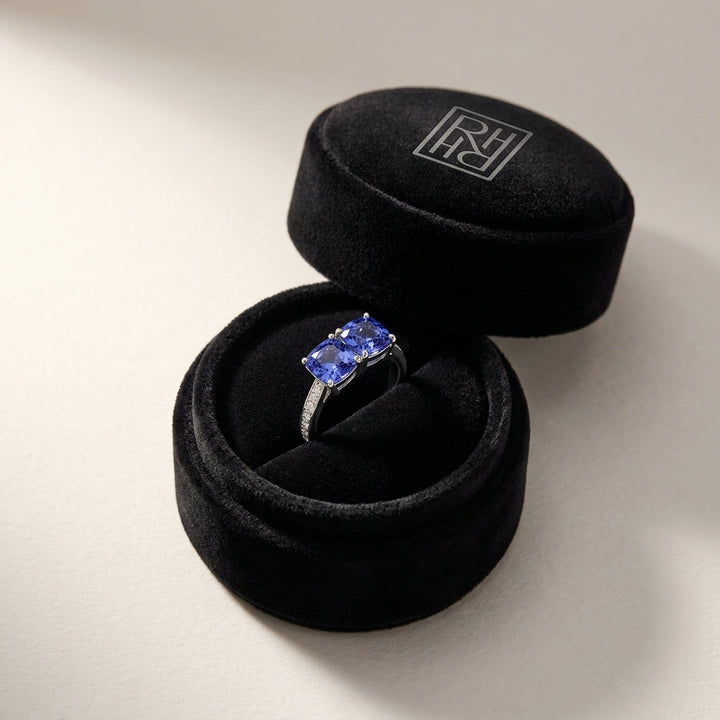 Tanzanite Double Stone & Diamond Pave Shank Ring in 14K White Gold - presentation