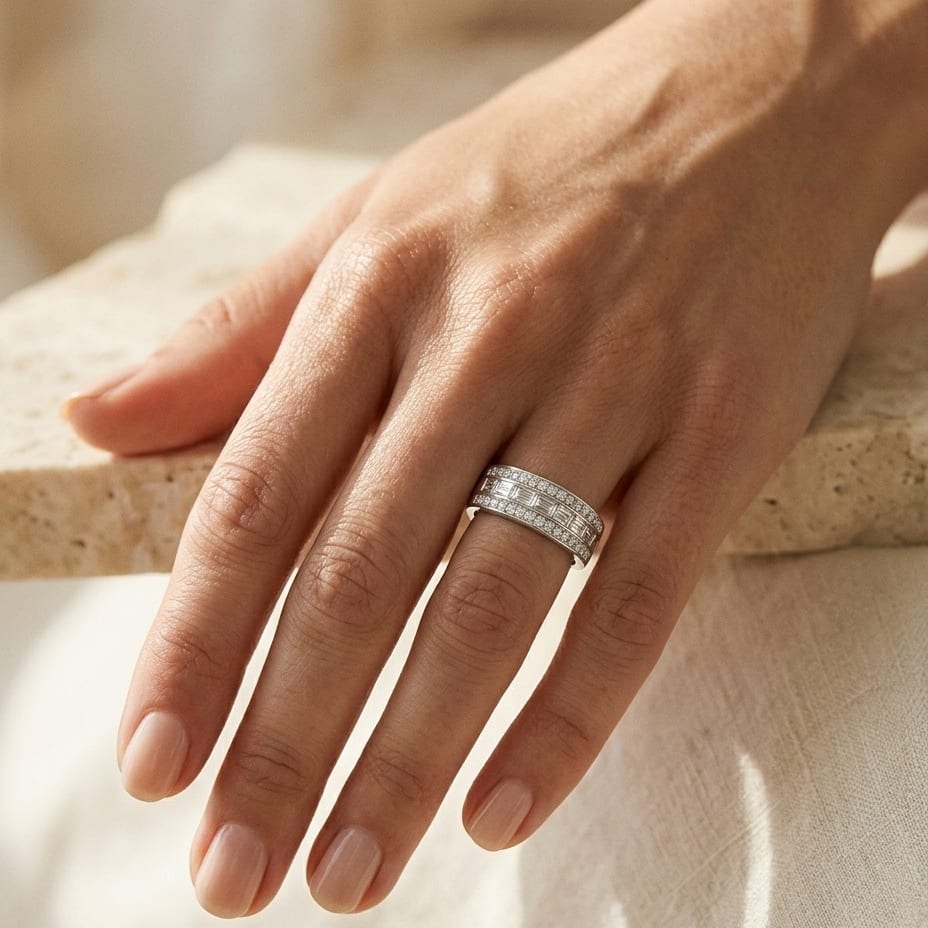Diamond Multi-Row Band with Baguette Channel Center & Pave Edges in 14K White Gold - lifestyle