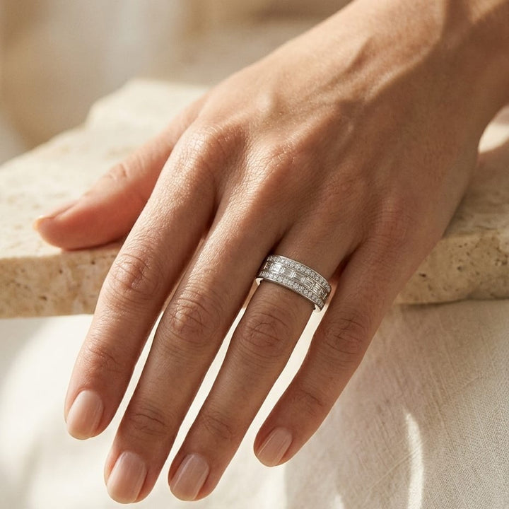 Diamond Multi-Row Band with Baguette Channel Center & Pave Edges in 14K White Gold - lifestyle