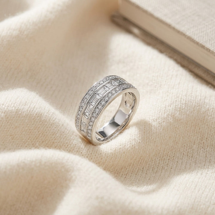 Diamond Multi-Row Band with Baguette Channel Center & Pave Edges in 14K White Gold - flat lay