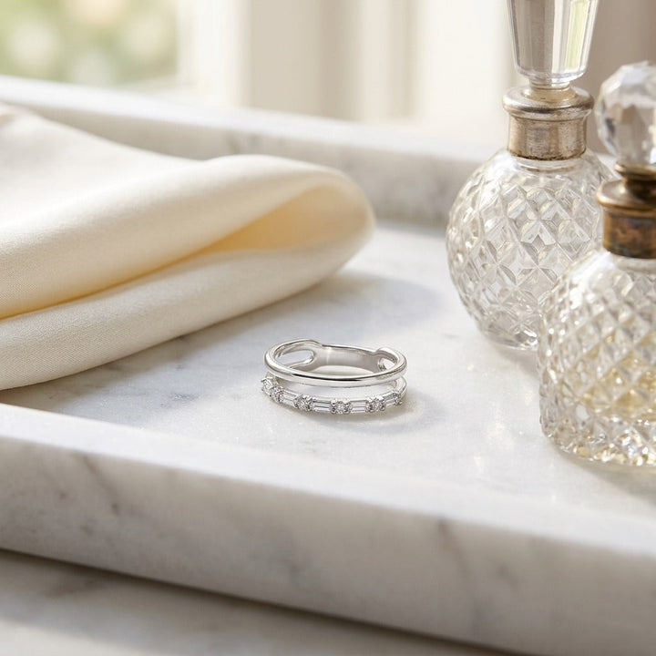 Diamond Round & Baguette Channel Open Band in 14K White Gold - lifestyle