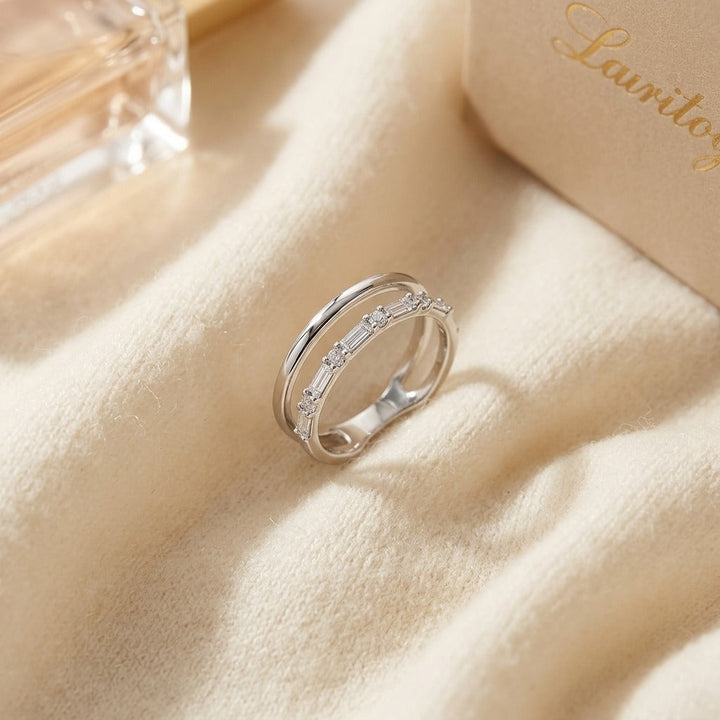 Diamond Round & Baguette Channel Open Band in 14K White Gold - flat lay