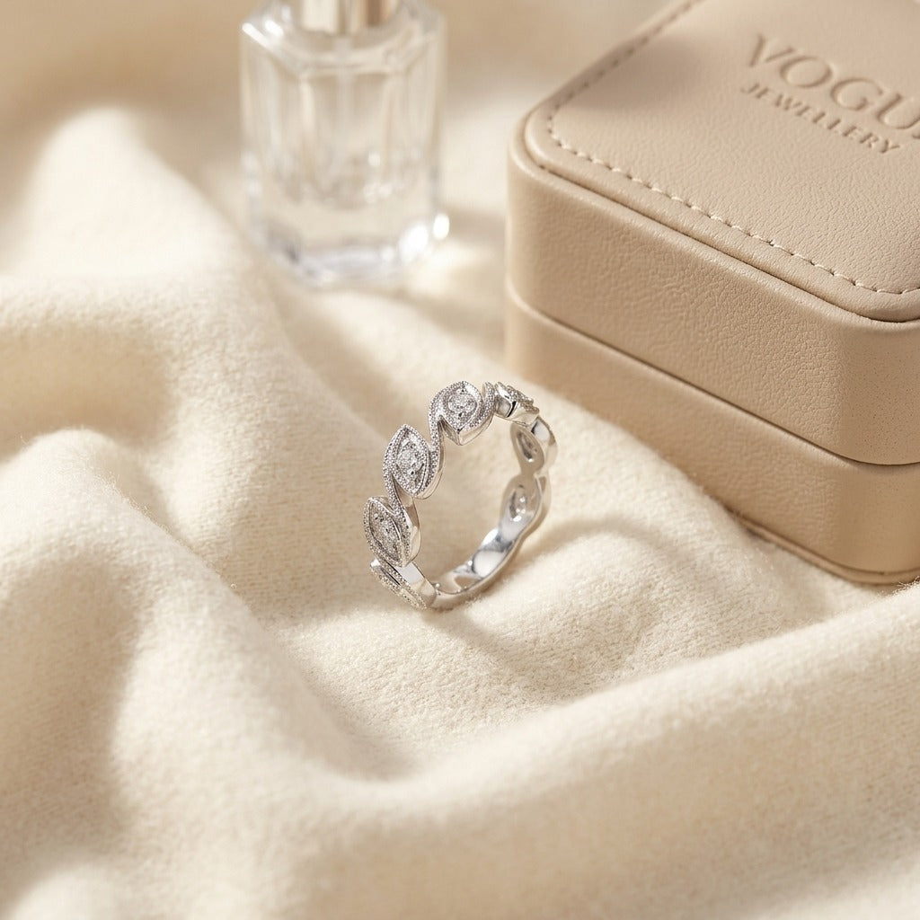 Diamond Leaf Band in 14K White Gold - flat lay