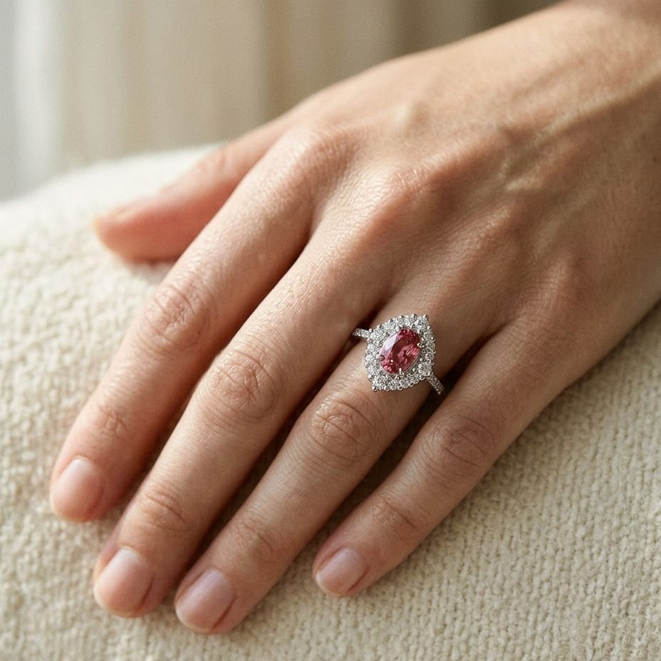 Pink Tourmaline & Diamond Oval Illusion Bezel Ring with Prong-Set Border & Shank in 14K White Gold - lifestyle