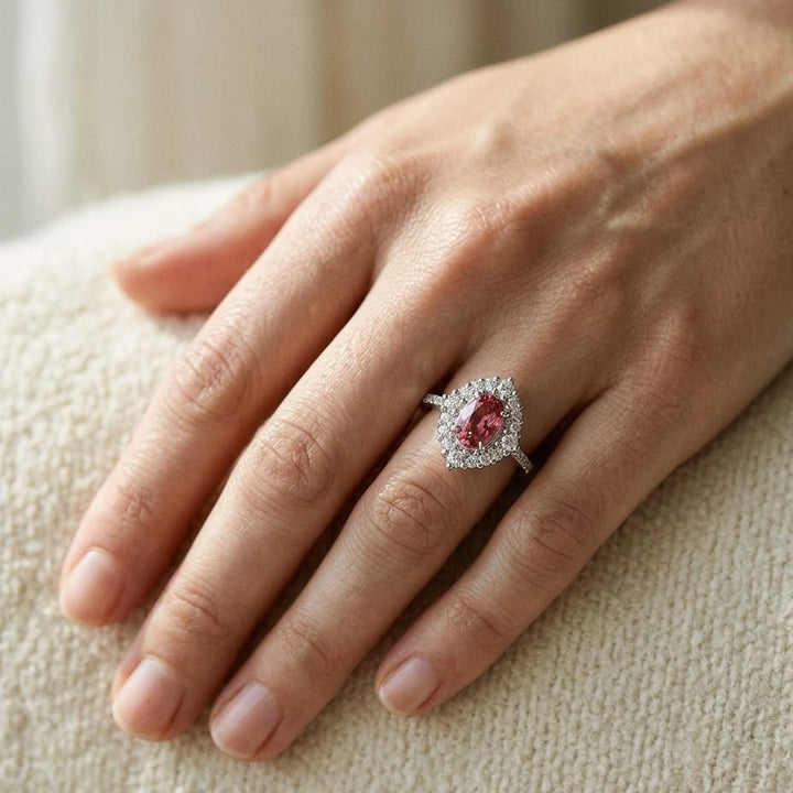 Pink Tourmaline & Diamond Oval Illusion Bezel Ring with Prong-Set Border & Shank in 14K White Gold - lifestyle