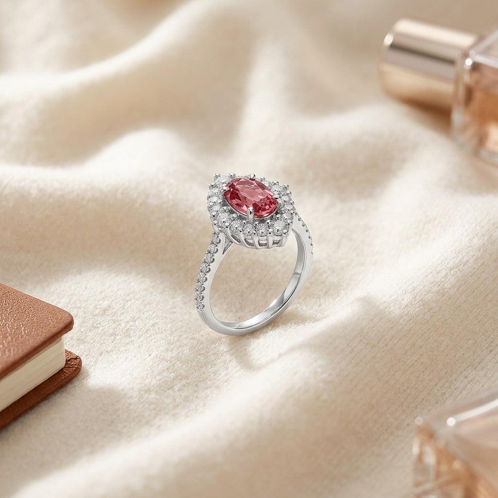 Pink Tourmaline & Diamond Oval Illusion Bezel Ring with Prong-Set Border & Shank in 14K White Gold - flat lay