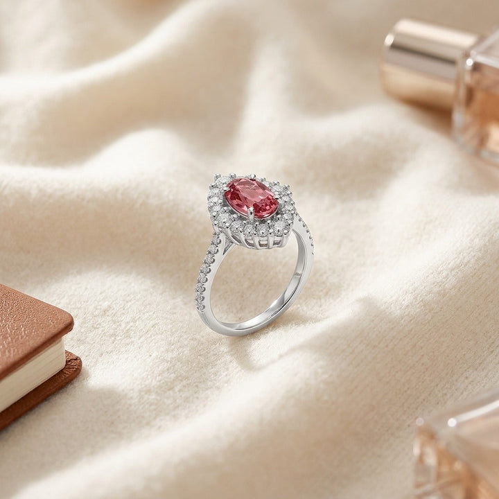 Pink Tourmaline & Diamond Oval Illusion Bezel Ring with Prong-Set Border & Shank in 14K White Gold - flat lay