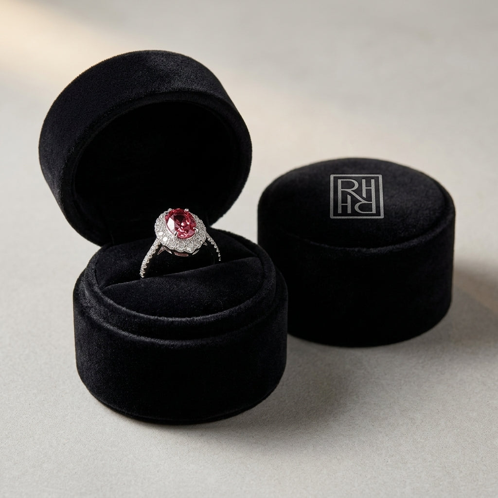 Pink Tourmaline & Diamond Oval Illusion Bezel Ring with Prong-Set Border & Shank in 14K White Gold - presentation