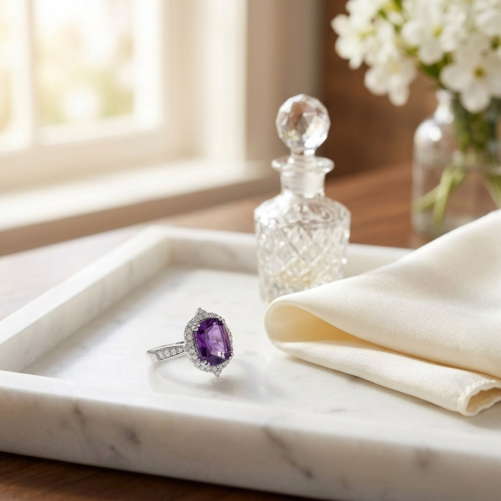 Amethyst Elongated Cushion Shield Ring with Diamond Border & Tapered Shank in 14K White Gold - editorial