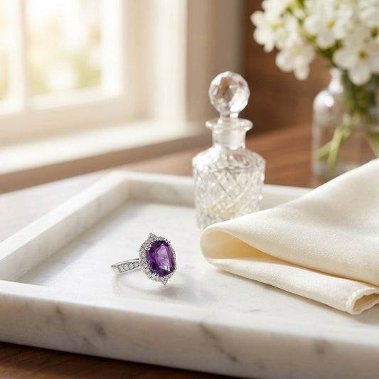 Amethyst Elongated Cushion Shield Ring with Diamond Border & Tapered Shank in 14K White Gold - editorial
