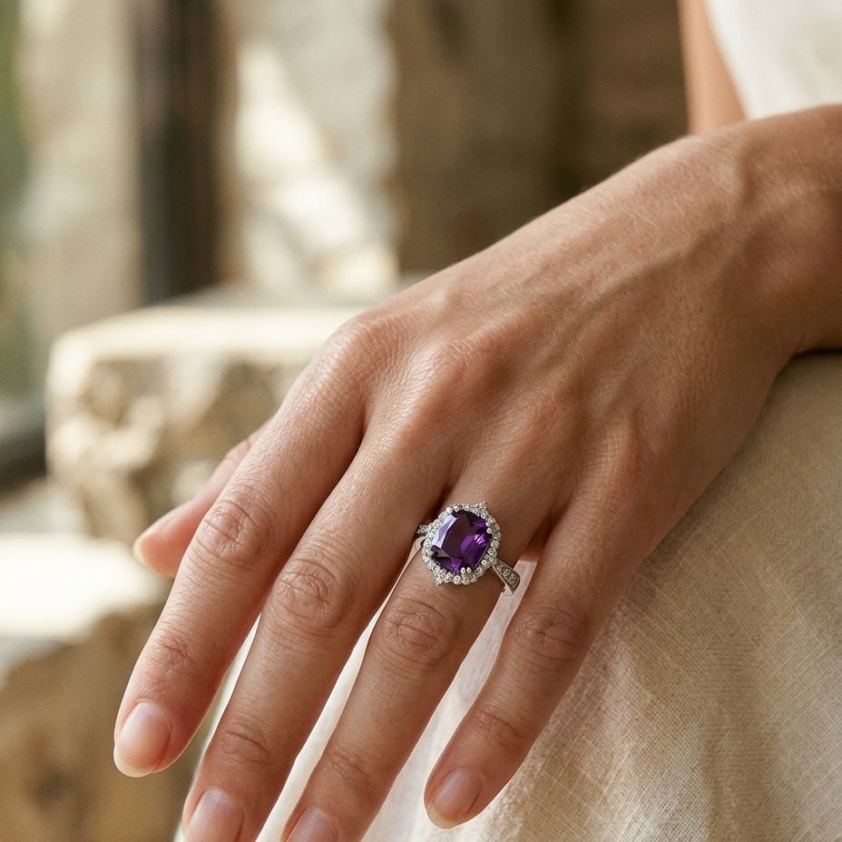 Amethyst Elongated Cushion Shield Ring with Diamond Border & Tapered Shank in 14K White Gold - lifestyle