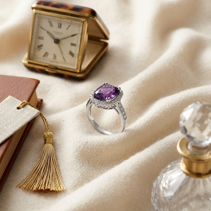 Amethyst Elongated Cushion Shield Ring with Diamond Border & Tapered Shank in 14K White Gold - flat lay