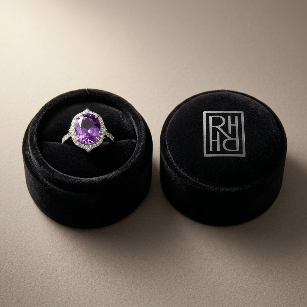 Amethyst Elongated Cushion Shield Ring with Diamond Border & Tapered Shank in 14K White Gold - presentation