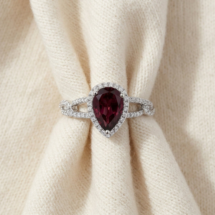 Rhodolite Garnet & Diamond Pear-Shape Halo Ring with Open Link Shoulders in 14K White Gold - flat lay