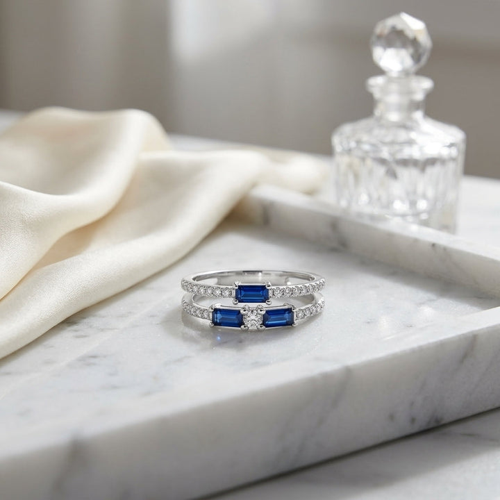 Diamond 2/3ctw & Blue Sapphire Ring in 14K White Gold - lifestyle